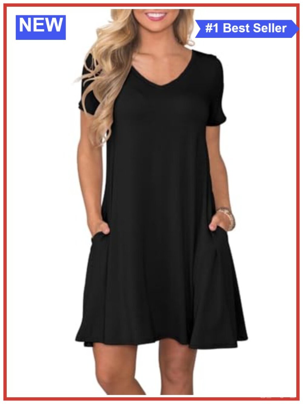 Women Summer T-Shirt Dress Short Sleeve V-Neck Pocket Casual Knee Length